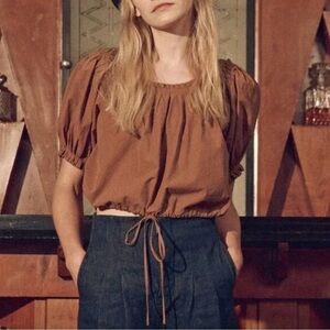 THE GREAT Hill Top In Suntan Tan Puff Sleeve Pleated Edges Cropped Length Top